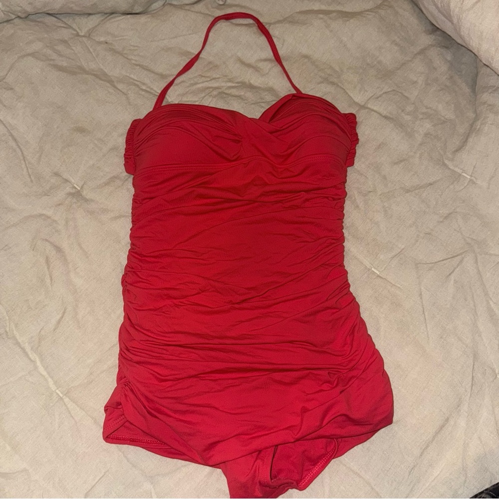 Carmen Marc Valvo Red One Piece Swimsuit with Ruching and Sweetheart Neckline